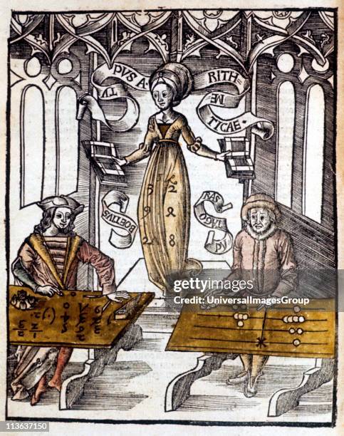 Pythagoras , right, using counting table, competes against Boethius using algorithms for speed at calculation. Behind them hovers the figure of...