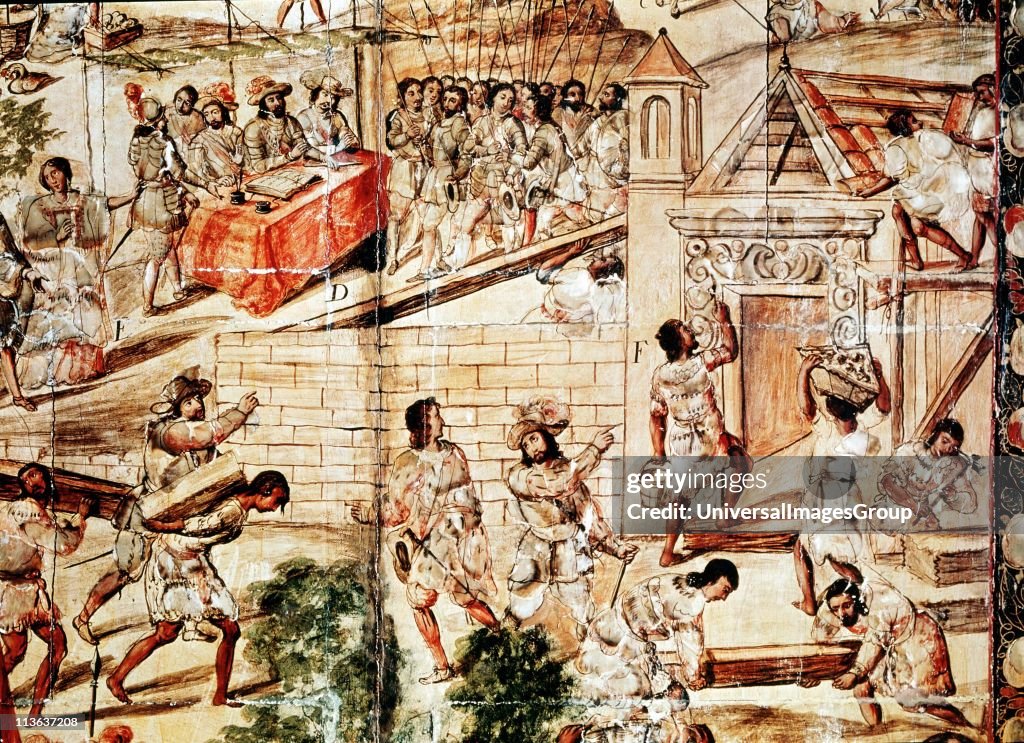Native slaves building Mexico City on the ruins of Tenochtitlan under direction of Conquistadors. Museo de America, Madrid...
