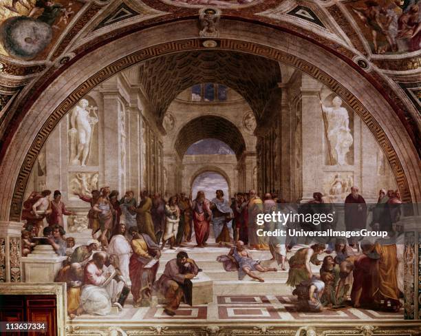 The School of Athens' showing Greek philosophers and scientist with Plato and his pupil Aristotle in the centre. Raphael Raffaello Santi, Italian...