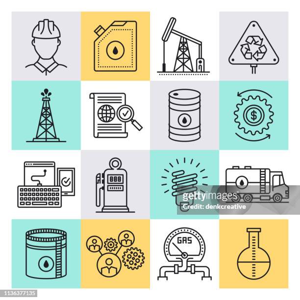 petroleum & petrochemical engineering outline style vector icon set - gas plant vector stock illustrations