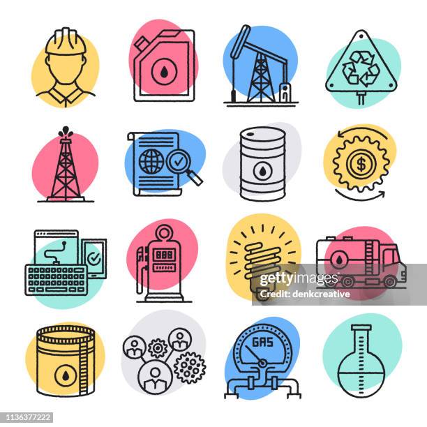 crude oil & natural gas doodle style vector icon set - oil field stock illustrations