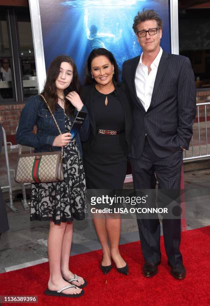 Actress Tia Carrere , British photojournalist Simon Wakelin and their daughter Bianca Wakelin arrive for the 'Breakthrough' Los Angeles premiere at...