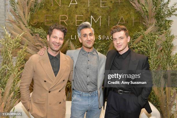 Nate Berkus, Tan France and Jeremiah Brent attend Nate + Jeremiah For Living Spaces at HNYPT on April 11, 2019 in Los Angeles, California.