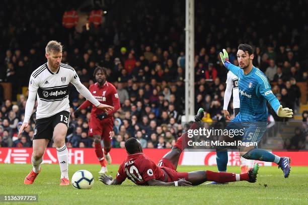 Sadio Mane of Liverpool is brought down in the penalty area by Sergio Rico of Fulham which results in a penalty being given to Liverpool which leads...