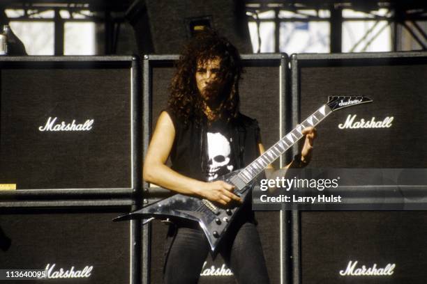 Kirk Hammett with 'Metallica' performing at Oakland Coliseum in Oakland, California on August 31,1985.