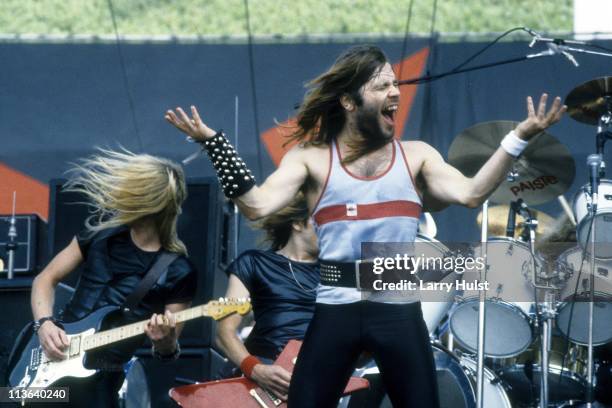 Dave Murray and Bruce Dickinson performing with 'Iron Maiden' at Oakland Coliseum in Oakland, California on July 18, 1982.