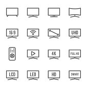 TV Icon Set. Contains such Icons as Monitor, Full HD, LCD, LED, 4K, HD and more. Expanded Stroke