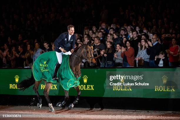 Henrik von Eckermann rides Toveks Mary Lou for the 1st place and celebrates during the The Dutch Masters: Rolex Grand Slam of Showjumping at...