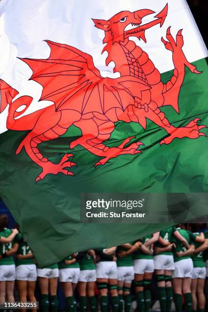 The Welsh Flag flutters whilst the players of Ireland wait for the anthemn's during the Wales Women v Ireland Women match in the Women's Six Nations...