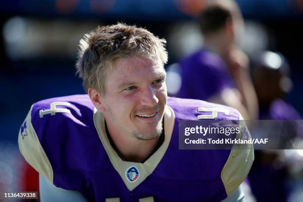 Matt Simms of Atlanta Legends warms up prior to the Alliance of American Football game against the San Antonio Commanders at Georgia State Stadium on...