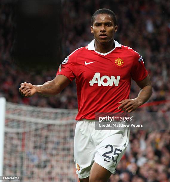 Antonio Valencia of Manchester United celebrates scoring their first goal during the UEFA Champions League Semi-Final second leg match between...