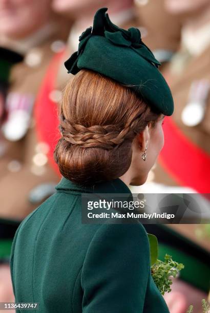 Catherine, Duchess of Cambridge attends the 1st Battalion Irish Guards St Patrick's Day Parade at Cavalry Barracks on March 17, 2019 in Hounslow,...