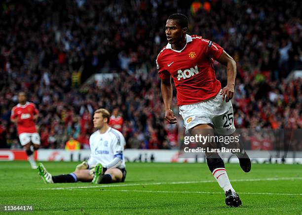 Antonio Valencia of Manchester United runs away to celebrate after scoring the opening goal during the UEFA Champions League Semi Final second leg...