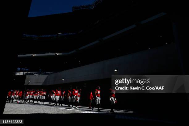 The San Antonio Commanders walk off the field prior to the Alliance of American Football game against the Atlanta Legends at Georgia State Stadium on...