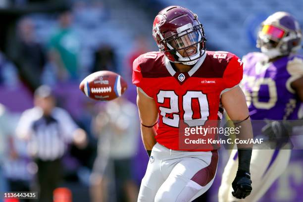 Kenneth Farrow, II of San Antonio Commanders celebrates his rushing touchdown against the Atlanta Legends during the first half in the Alliance of...