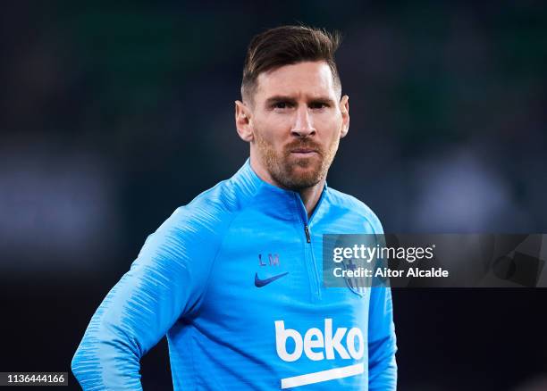 Lionel Messi of FC Barcelona looks on prior to the start the La Liga match between Real Betis Balompie and FC Barcelona at Estadio Benito Villamarin...