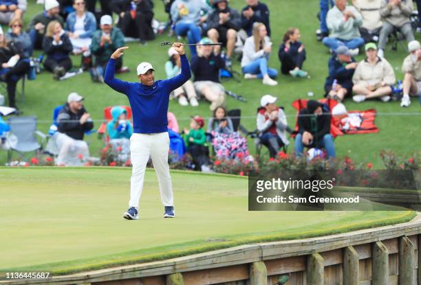 Jhonattan Vegas of Venezuela reacts to his birdie putt on the 17th green during the final round of The PLAYERS Championship on The Stadium Course at...