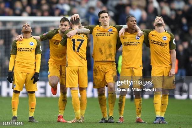 Jose Izquierdo, Shane Duffy, Glenn Murray, Lewis Dunk, Bernardo and Dale Stephens of Brighton & Hove Albion can barely look during the penalty shoot...