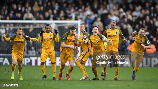 Solly March; Jose Izquierdo, Shane Duffy, Glenn Murray, Lewis Dunk, Bernardo and Dale Stephens of Brighton & Hove Albion celebrate victory after a...