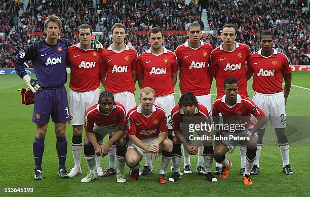 The Manchester United team (Back Row L-R Edwin van der Sar, John O'Shea, Jonny Evans, Darron Gibson, Chris Smalling, Dimitar Berbatov, Antonio...