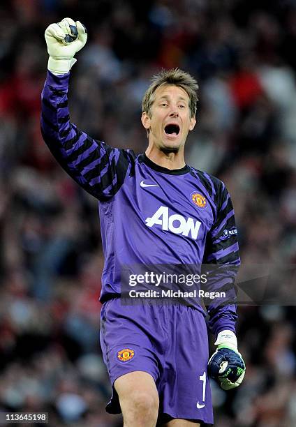 Edwin van der Sar of Manchester United celebrates after his team's second goal during the UEFA Champions League Semi Final second leg match between...