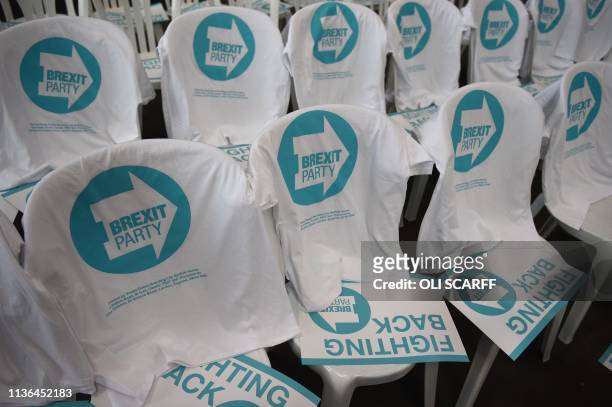Shirts featuring the party logo are draped on chairs prior to the launch of The Brexit Party's European Parliament election campaign in Coventry,...