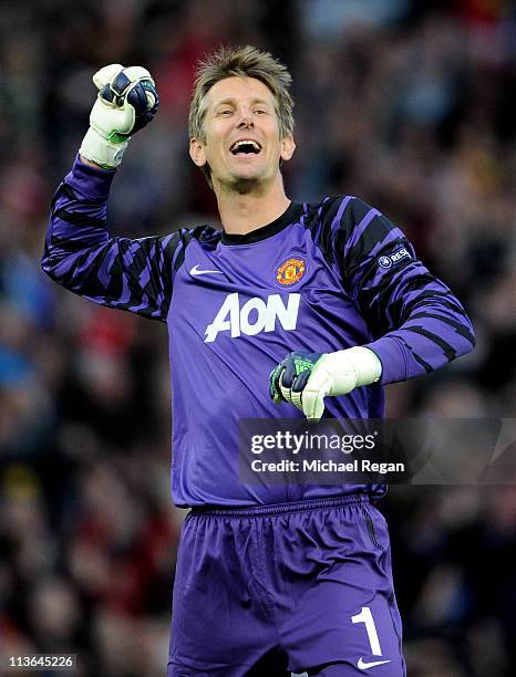 Edwin van der Sar of Manchester United celebrates after his team's second goal during the UEFA Champions League Semi Final second leg match between...