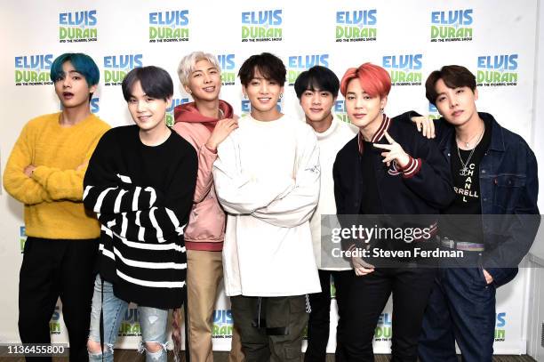 Suga, RM, Jungkook, Jin, Jimin, J-Hope of BTS visit The Elvis Duran Z100 Morning Show at Z100 Studio on April 12, 2019 in New York City.