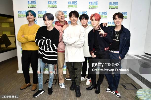 Suga, RM, Jungkook, Jin, Jimin, J-Hope of BTS visit The Elvis Duran Z100 Morning Show at Z100 Studio on April 12, 2019 in New York City.