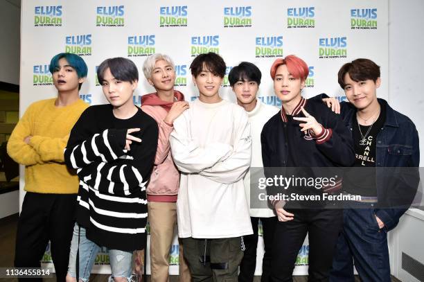 Suga, RM, Jungkook, Jin, Jimin, J-Hope of BTS visit The Elvis Duran Z100 Morning Show at Z100 Studio on April 12, 2019 in New York City.