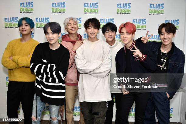 Suga, RM, Jungkook, Jin, Jimin, J-Hope of BTS visit The Elvis Duran Z100 Morning Show at Z100 Studio on April 12, 2019 in New York City.