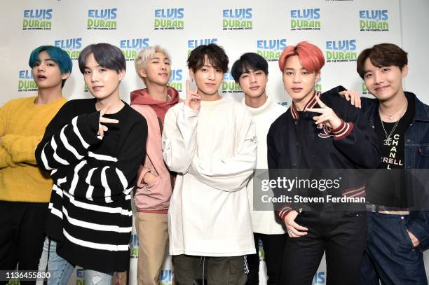 Suga, RM, Jungkook, Jin, Jimin, J-Hope of BTS visit The Elvis Duran Z100 Morning Show at Z100 Studio on April 12, 2019 in New York City.