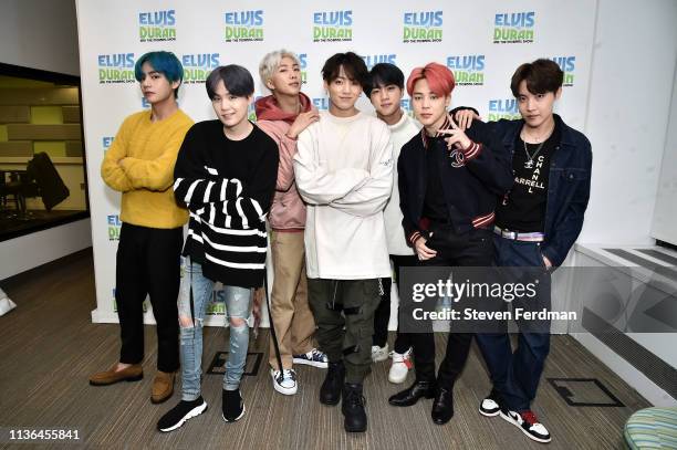 Suga, RM, Jungkook, Jin, Jimin, J-Hope of BTS visit The Elvis Duran Z100 Morning Show at Z100 Studio on April 12, 2019 in New York City.