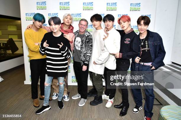 Suga, RM, Jungkook, Jin, Jimin, J-Hope of BTS visit The Elvis Duran Z100 Morning Show at Z100 Studio on April 12, 2019 in New York City.