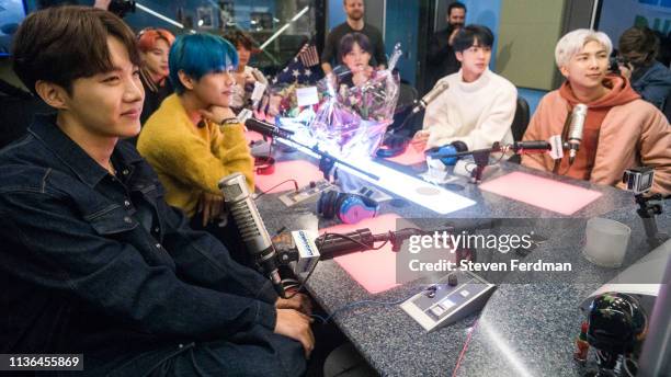 Hope, V, Jimin, Jungkook, Suga, Jin and RM of BTS visit The Elvis Duran Z100 Morning Show at Z100 Studio on April 12, 2019 in New York City.