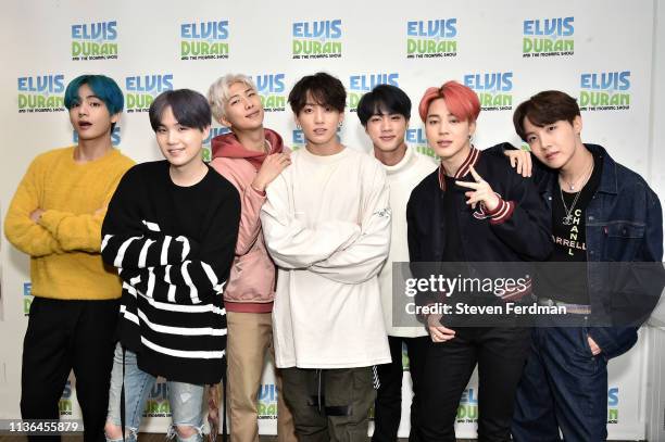 Suga, RM, Jungkook, Jin, Jimin, J-Hope of BTS visit The Elvis Duran Z100 Morning Show at Z100 Studio on April 12, 2019 in New York City.