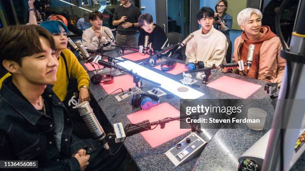 Hope, V, Jimin, Jungkook, Suga, Jin and RM of BTS visit The Elvis Duran Z100 Morning Show at Z100 Studio on April 12, 2019 in New York City.