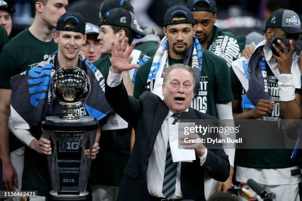 Head coach Tom Izzo of the Michigan State Spartans addresses the crowd after beating the Michigan Wolverines 65-60 in the championship game of the...