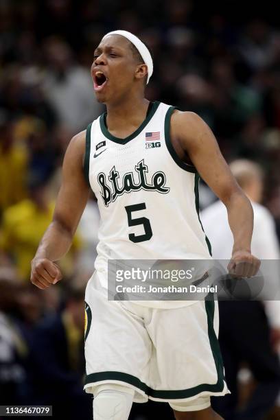 Cassius Winston of the Michigan State Spartans reacts in the second half against the Michigan Wolverines during the championship game of the Big Ten...