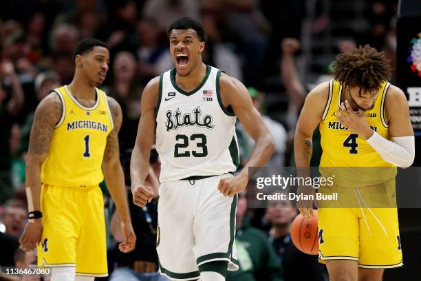 Xavier Tillman of the Michigan State Spartans reacts in the second half against the Michigan Wolverines during the championship game of the Big Ten...