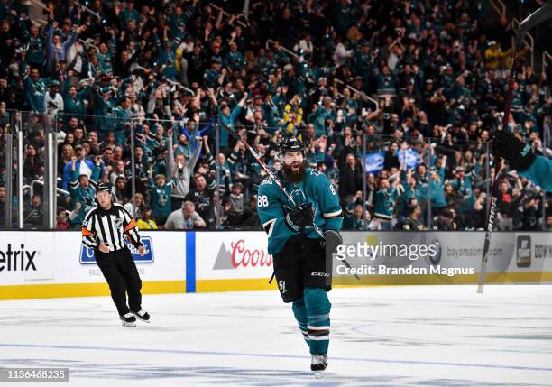 Brent Burns of the San Jose Sharks celebrates after scoring against the Vegas Golden Knights in Game One of the Western Conference First Round during...
