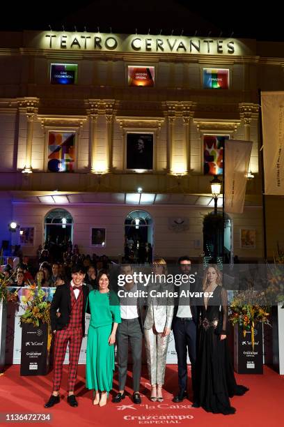 Oscar Casas, Lola Duenas, Mario Casas, Ingrid García-Jonsson, Jon Arias and Silvia Alonso attend 'Malaga Sur' 2019 award at the Cervantes Theater on...