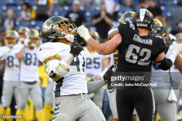 Travis Feeney of the San Diego Fleet celebrates after an interception during the second quarter against the Birmingham Iron in an Alliance of...