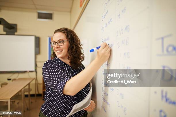 she makes learning interesting - woman whiteboard stock-fotos und bilder