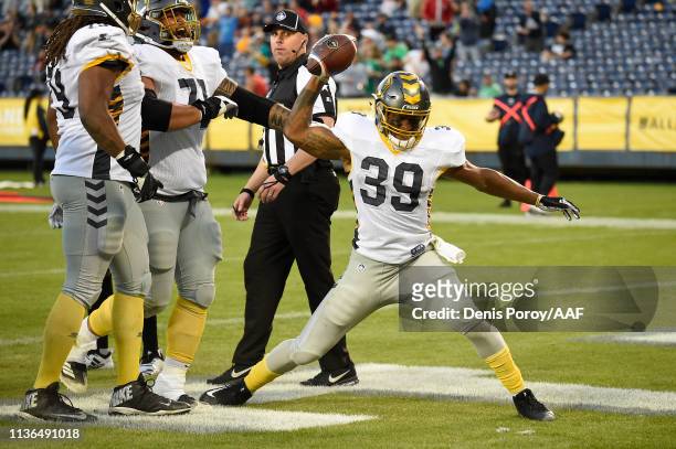 Terrell Watson of the San Diego Fleet celebrates after scoring a touchdown during the third quarter against the Birmingham Iron in an Alliance of...