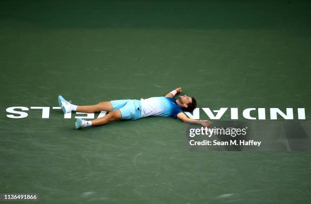 Dominic Thiem of Austria reacts after defeating Roger Federer of Switzerland during their men's singles final match at the BNP Paribas Open at the...