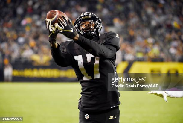 Damian Washington of the Birmingham Iron catches a touchdown pass during the fourth quarter against the San Diego Fleet in an Alliance of American...