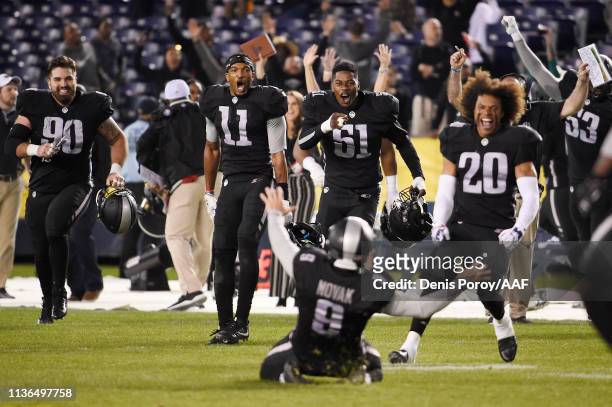 Nick Novak of the Birmingham Iron celebrates with teammates after kicking a 44-yard game-winning field goal during the fourth quarter to defeat the...