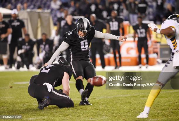 Nick Novak of the Birmingham Iron kicks a 44-yard game-winning field goal during the fourth quarter to defeat the San Diego Fleet 32-29 in an...