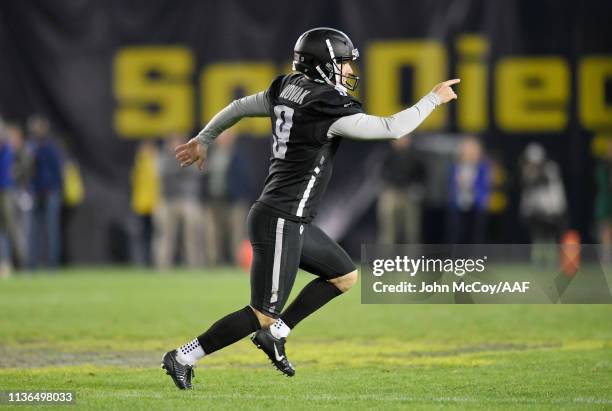 Nick Novak of the Birmingham Iron celebrates after kicking a 44-yard game-winning field goal during the fourth quarter to defeat the San Diego Fleet...